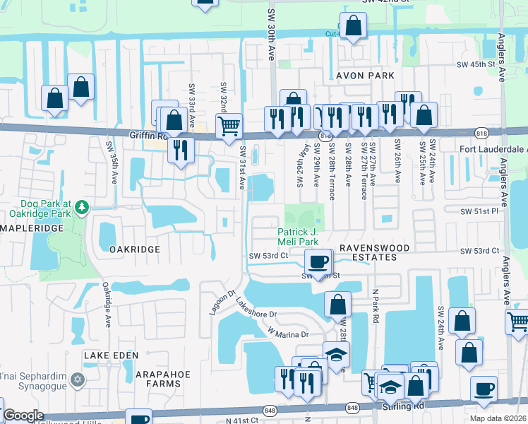 map of restaurants, bars, coffee shops, grocery stores, and more near 3005 Southwest 50th Street in Fort Lauderdale