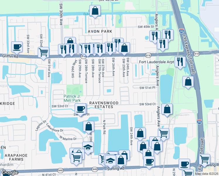 map of restaurants, bars, coffee shops, grocery stores, and more near 5155 Southwest 26th Avenue in Fort Lauderdale