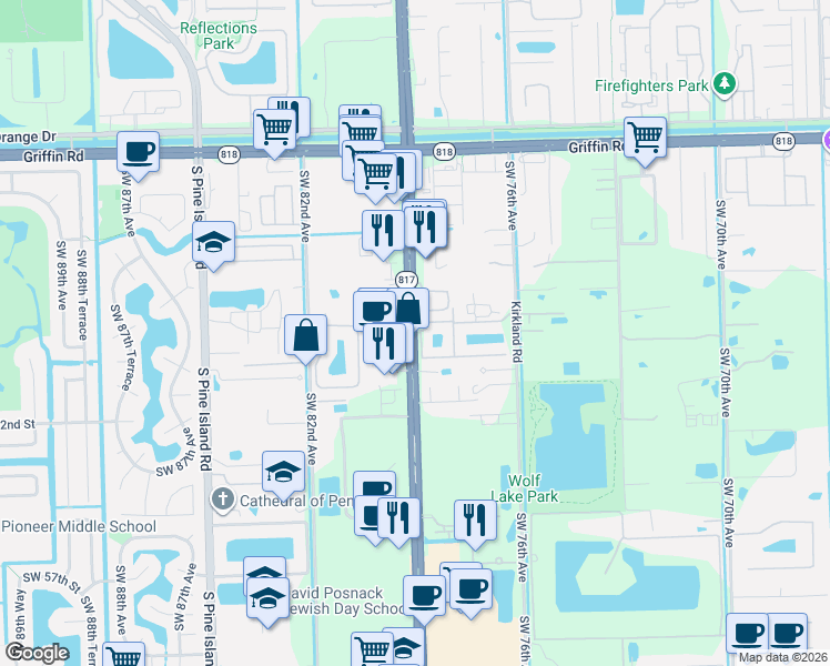 map of restaurants, bars, coffee shops, grocery stores, and more near 5070 South University Drive in Davie