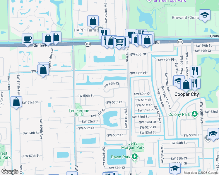map of restaurants, bars, coffee shops, grocery stores, and more near 10225 Southwest 49th Place in Cooper City