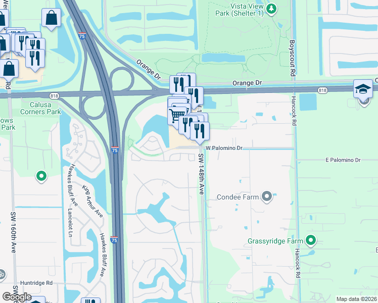 map of restaurants, bars, coffee shops, grocery stores, and more near 14877 Southwest 50th Court in Davie
