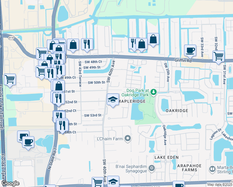 map of restaurants, bars, coffee shops, grocery stores, and more near 5130 Southwest 40th Avenue in Fort Lauderdale