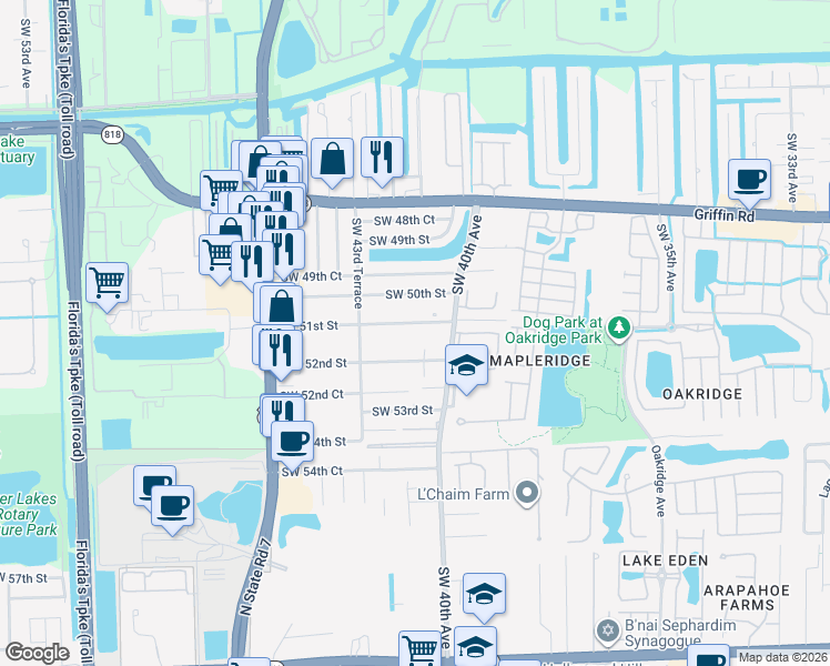 map of restaurants, bars, coffee shops, grocery stores, and more near 4116 Southwest 51st Street in Fort Lauderdale