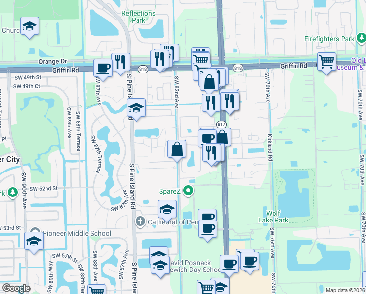 map of restaurants, bars, coffee shops, grocery stores, and more near 5063 Madison Lakes Circle West in Davie