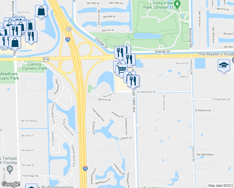 map of restaurants, bars, coffee shops, grocery stores, and more near 5055 Southwest 150th Way in Davie