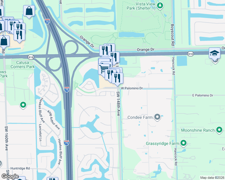 map of restaurants, bars, coffee shops, grocery stores, and more near 5012 Southwest 149th Terrace in Davie