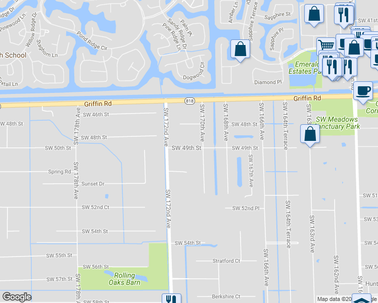 map of restaurants, bars, coffee shops, grocery stores, and more near 17040 Southwest 49th Street in Southwest Ranches