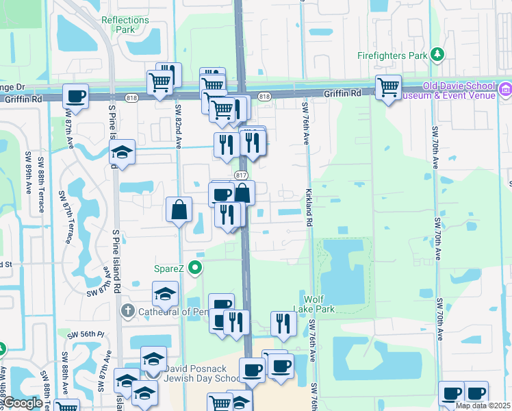 map of restaurants, bars, coffee shops, grocery stores, and more near 5000 South University Drive in Davie