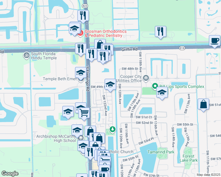 map of restaurants, bars, coffee shops, grocery stores, and more near in Davie
