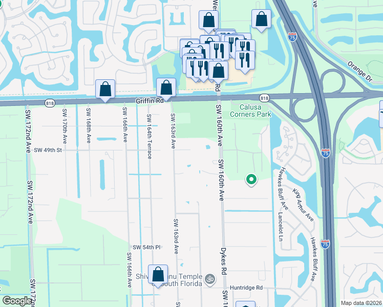 map of restaurants, bars, coffee shops, grocery stores, and more near 4900 Southwest 163rd Avenue in Southwest Ranches