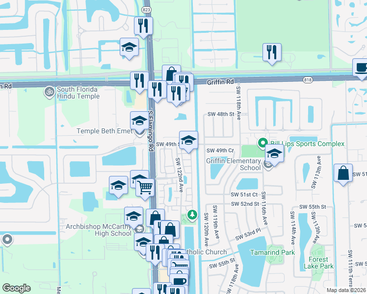 map of restaurants, bars, coffee shops, grocery stores, and more near in Davie
