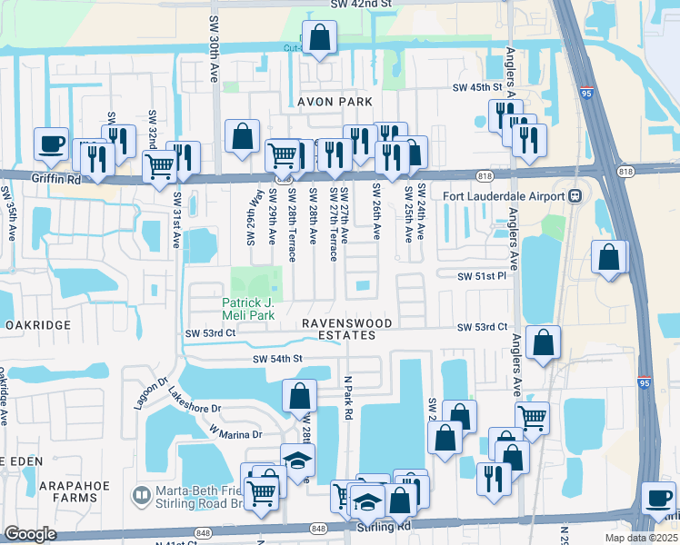 map of restaurants, bars, coffee shops, grocery stores, and more near 5180 Southwest 27th Terrace in Fort Lauderdale