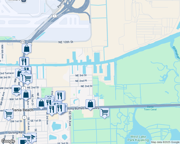 map of restaurants, bars, coffee shops, grocery stores, and more near 643 Northeast 3rd Street in Dania Beach