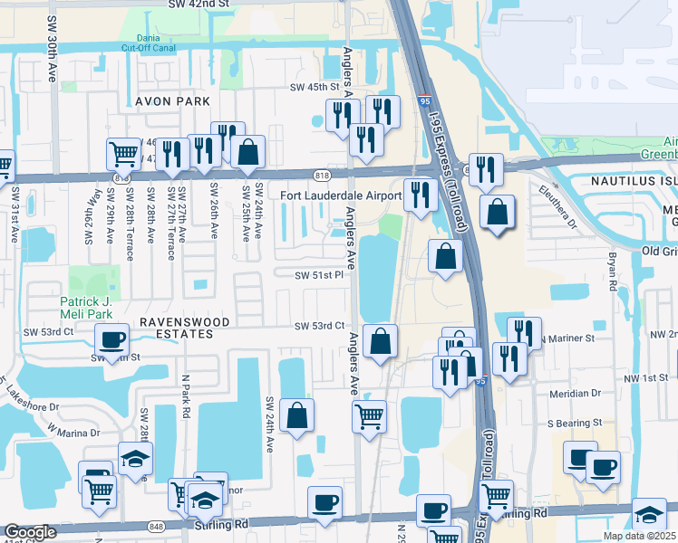 map of restaurants, bars, coffee shops, grocery stores, and more near 2130 Southwest 51st Place in Fort Lauderdale