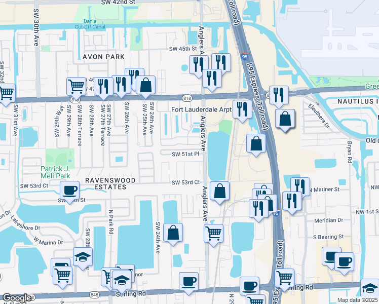 map of restaurants, bars, coffee shops, grocery stores, and more near 2130 Southwest 51st Place in Fort Lauderdale