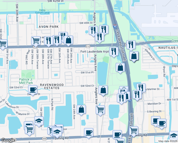 map of restaurants, bars, coffee shops, grocery stores, and more near 2130 Southwest 51st Place in Fort Lauderdale