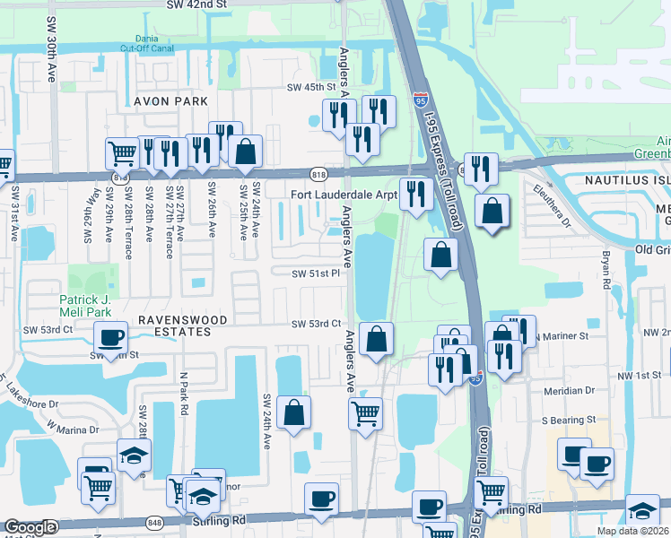 map of restaurants, bars, coffee shops, grocery stores, and more near 2130 Southwest 51st Place in Fort Lauderdale