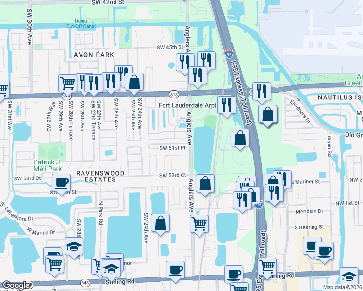 map of restaurants, bars, coffee shops, grocery stores, and more near 2130 Southwest 51st Court in Fort Lauderdale