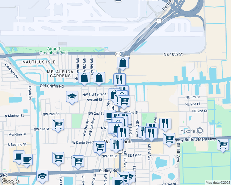 map of restaurants, bars, coffee shops, grocery stores, and more near 302 U.S. 1 in Dania Beach