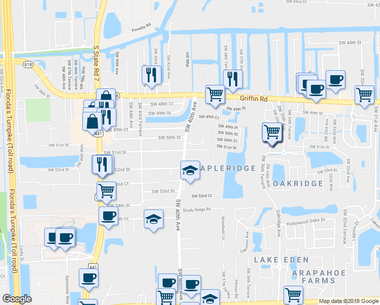 map of restaurants, bars, coffee shops, grocery stores, and more near 5120 Southwest 40th Avenue in Fort Lauderdale