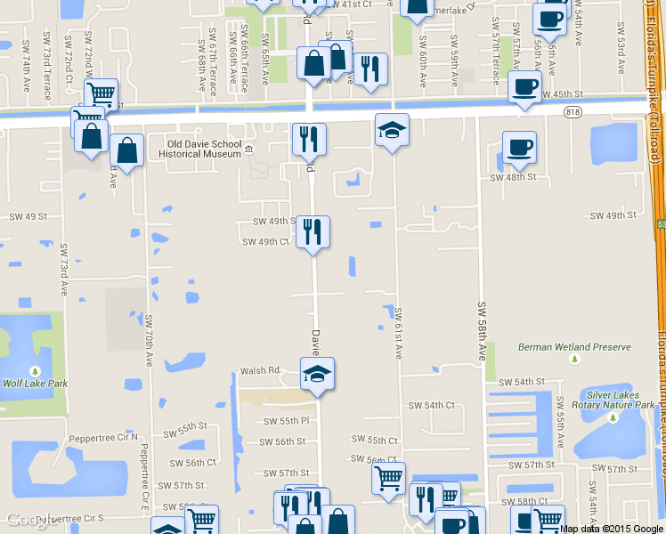 map of restaurants, bars, coffee shops, grocery stores, and more near 5100 Southwest 64th Avenue in Davie