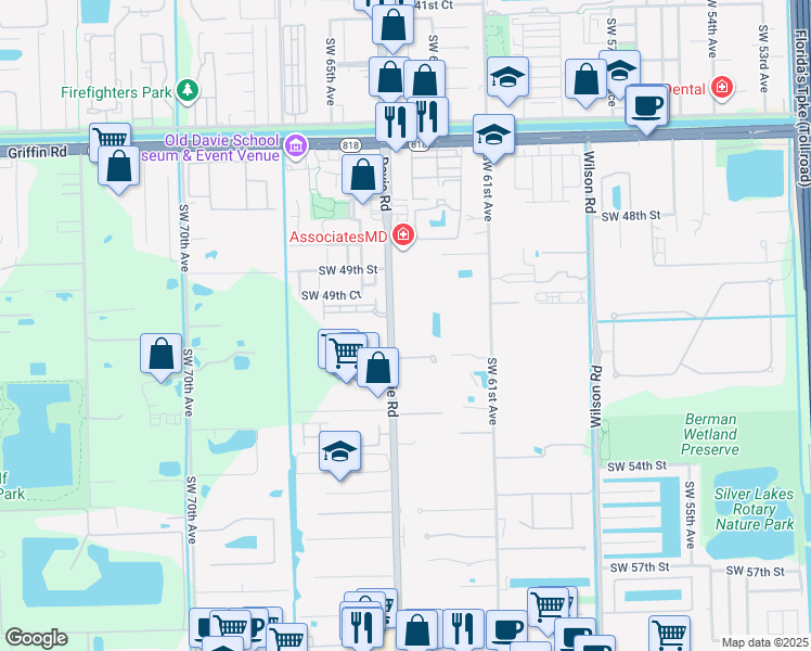 map of restaurants, bars, coffee shops, grocery stores, and more near 5069 Southwest 64th Avenue in Davie