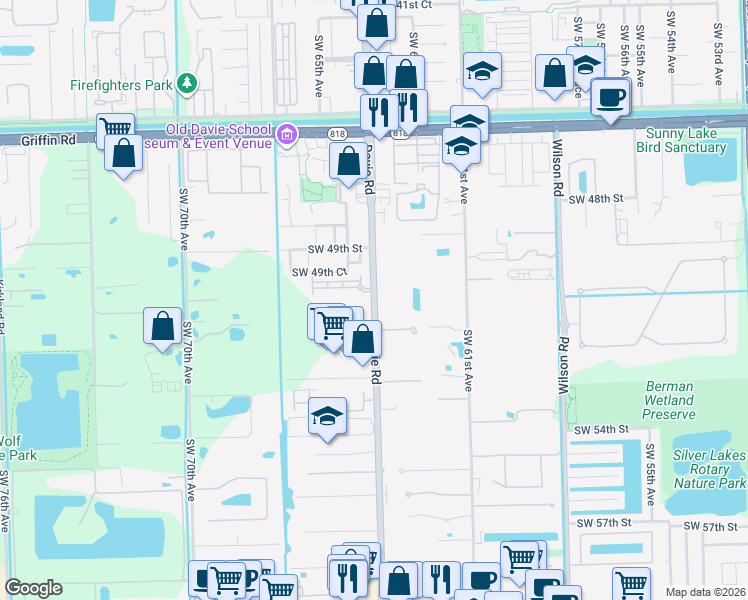 map of restaurants, bars, coffee shops, grocery stores, and more near 5069 Southwest 64th Avenue in Davie