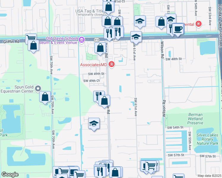 map of restaurants, bars, coffee shops, grocery stores, and more near 5060 Southwest 64th Avenue in Davie