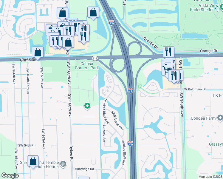 map of restaurants, bars, coffee shops, grocery stores, and more near 4814 Grapevine Way in Davie