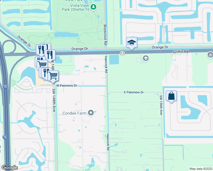 map of restaurants, bars, coffee shops, grocery stores, and more near 5001 Hancock Road in Southwest Ranches