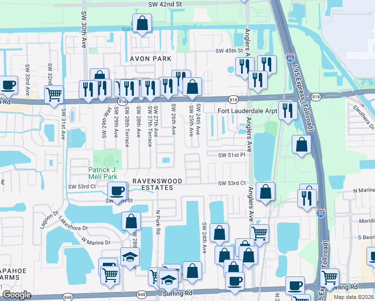 map of restaurants, bars, coffee shops, grocery stores, and more near 2441 Southwest 51st Street in Fort Lauderdale