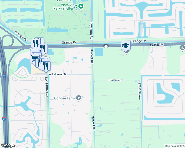 map of restaurants, bars, coffee shops, grocery stores, and more near 5001 Hancock Road in Southwest Ranches