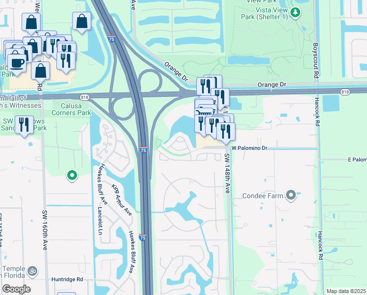 map of restaurants, bars, coffee shops, grocery stores, and more near 15218 Southwest 49th Street in Davie