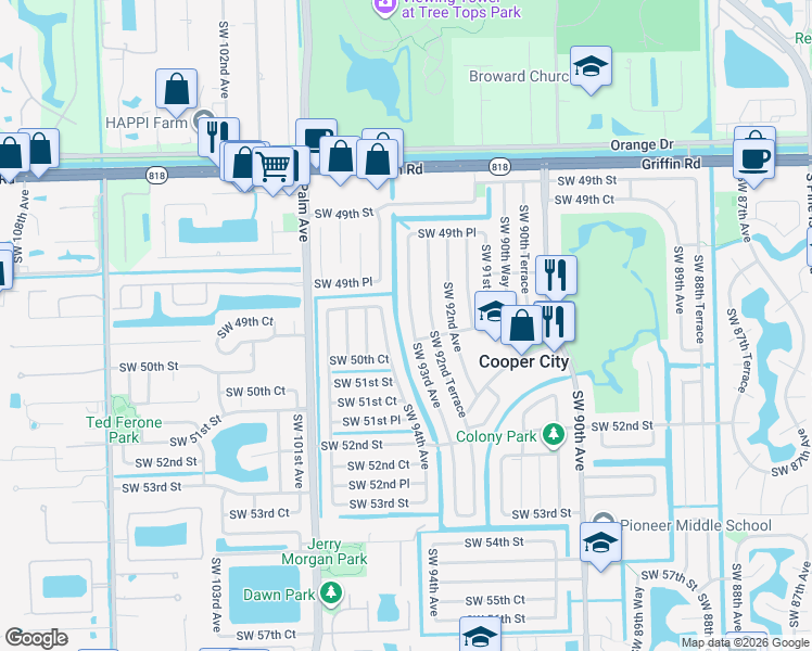 map of restaurants, bars, coffee shops, grocery stores, and more near 5056 Southwest 94th Avenue in Cooper City