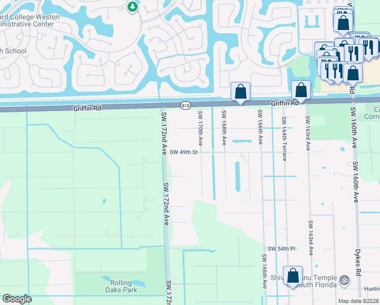 map of restaurants, bars, coffee shops, grocery stores, and more near 17040 Southwest 49th Street in Southwest Ranches