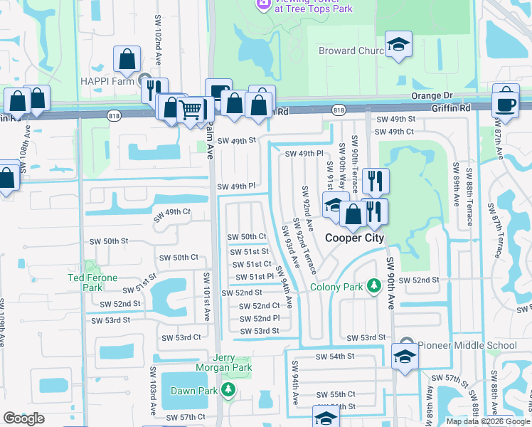 map of restaurants, bars, coffee shops, grocery stores, and more near 5056 Southwest 94th Avenue in Cooper City