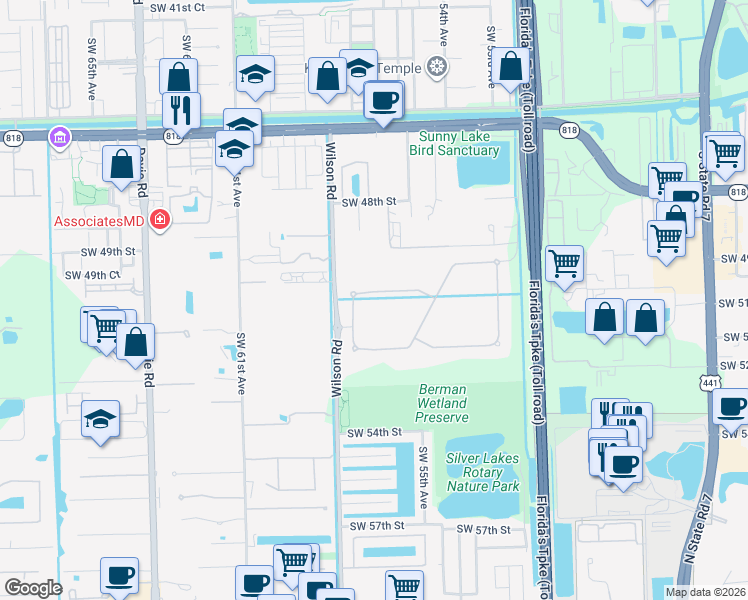 map of restaurants, bars, coffee shops, grocery stores, and more near 5700 North Sterling Ranch Drive in Davie