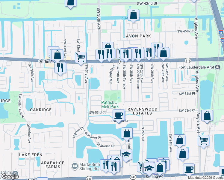 map of restaurants, bars, coffee shops, grocery stores, and more near 2898 Southwest 51st Street in Fort Lauderdale