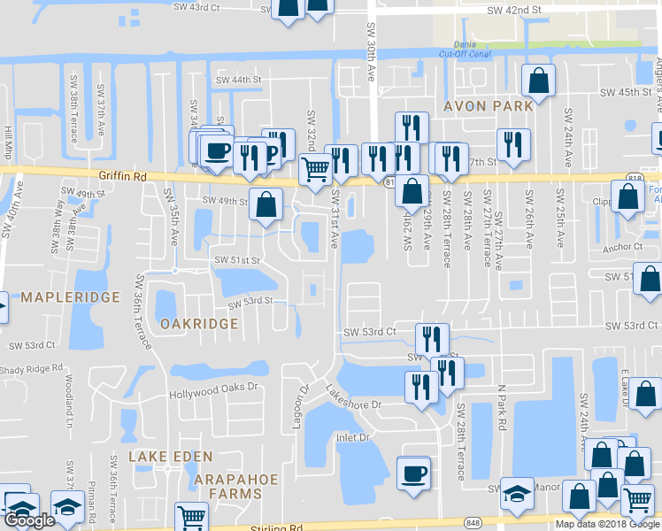 map of restaurants, bars, coffee shops, grocery stores, and more near 3047 Southwest 50th Street in Fort Lauderdale