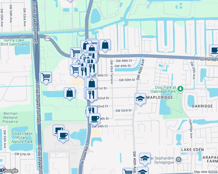 map of restaurants, bars, coffee shops, grocery stores, and more near 4364 Southwest 51st Street in Fort Lauderdale