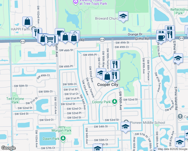 map of restaurants, bars, coffee shops, grocery stores, and more near 5080 Southwest 92nd Avenue in Cooper City