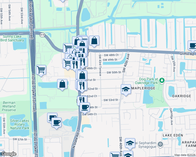map of restaurants, bars, coffee shops, grocery stores, and more near 4364 Southwest 51st Street in Fort Lauderdale