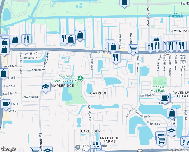 map of restaurants, bars, coffee shops, grocery stores, and more near 5032 Southwest 34th Street in Hollywood