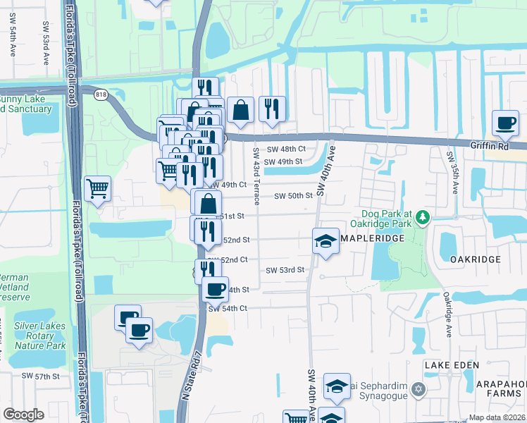 map of restaurants, bars, coffee shops, grocery stores, and more near 4282 Southwest 50th Street in Fort Lauderdale