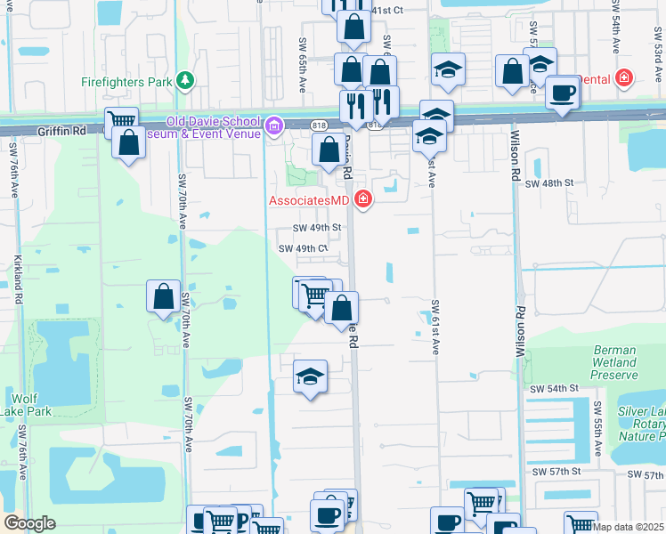 map of restaurants, bars, coffee shops, grocery stores, and more near 6543 North Anise Court in Davie