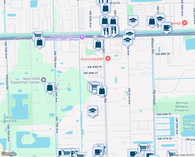 map of restaurants, bars, coffee shops, grocery stores, and more near 6543 North Anise Court in Davie