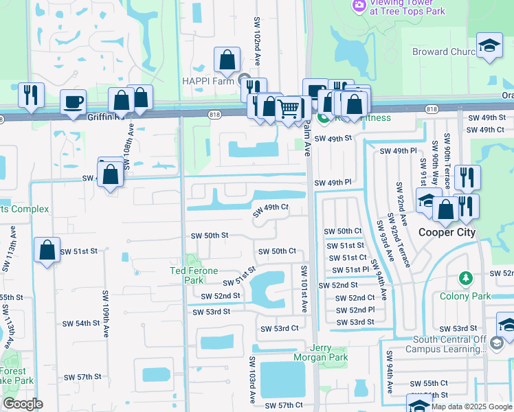 map of restaurants, bars, coffee shops, grocery stores, and more near 10245 Southwest 49th Court in Cooper City