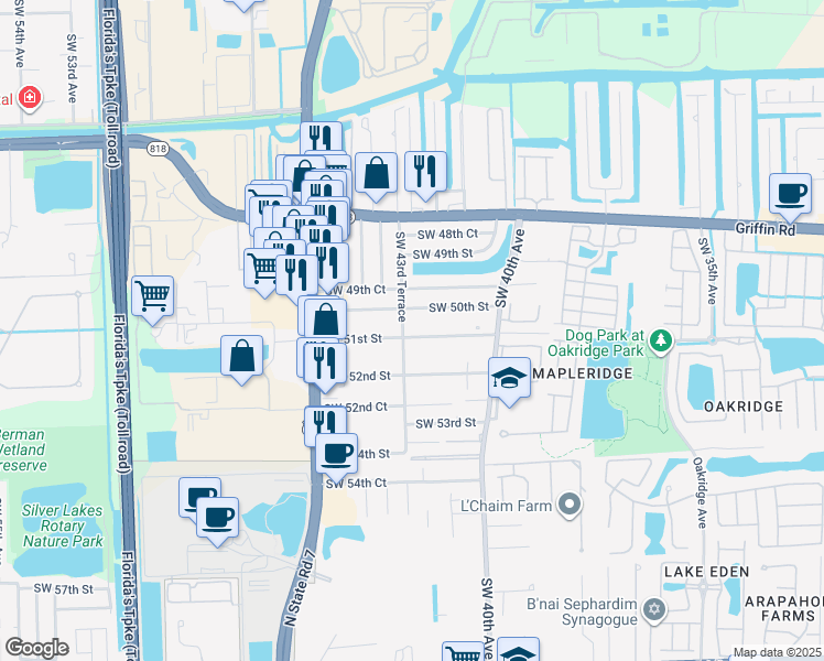 map of restaurants, bars, coffee shops, grocery stores, and more near 4282 Southwest 50th Street in Fort Lauderdale