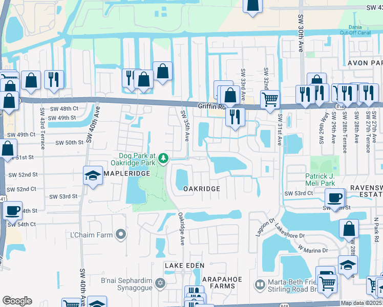 map of restaurants, bars, coffee shops, grocery stores, and more near 5032 Southwest 34th Street in Hollywood