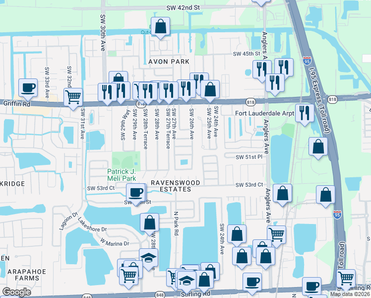 map of restaurants, bars, coffee shops, grocery stores, and more near 5041 Southwest 26th Avenue in Fort Lauderdale